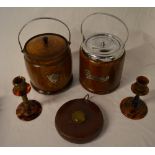 2 biscuit barrels, pair of candlesticks