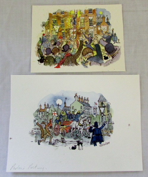 2 unframed watercolours of Firemen scene