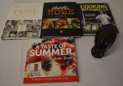 4 cookery books and a carved wooden bust
