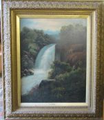 Large oil on canvas of a waterfall signe