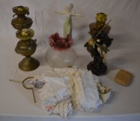 Brass oil lamps, figures, linen/lace (AF