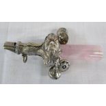 Silver baby's rattle with whistle and ro