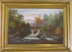 Oil on canvas of a mountain stream by T