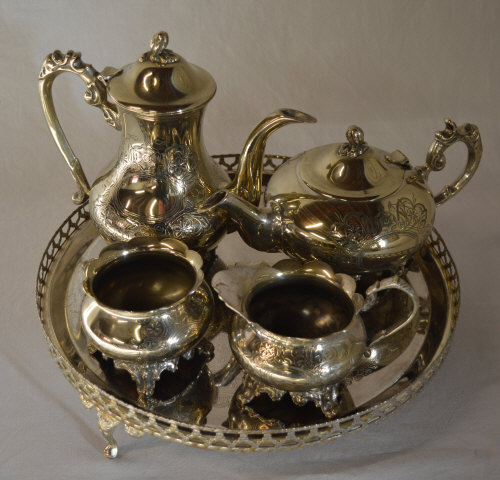 Silver plate tea set and tray