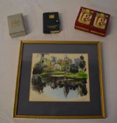 3 packs of playing cards and a framed pa