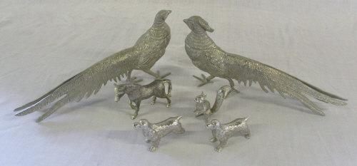 Pair of silver plate pheasants and other