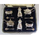 Cased 6 piece silver condiment set Birmi