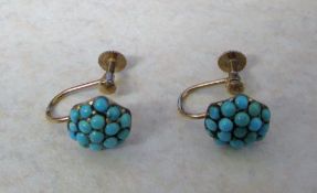 Pair of 9ct gold and turquoise cluster e