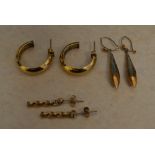 3 pairs of 9ct gold earrings, approx wei