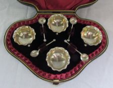 Cased silver open salts with spoons (inc