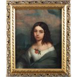 A 19th Century oil painting, portrait of a young lady in ringlets, 12" x 9", in scroll pierced