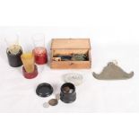 A set of jeweller's scales, in wooden box, a Tibetan gong, three beakers, a marble tablet, a