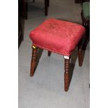 A square stool, top upholstered in a red damask (cut down)