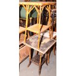 An octagonal bamboo framed occasional table and a similar table with lacquered top