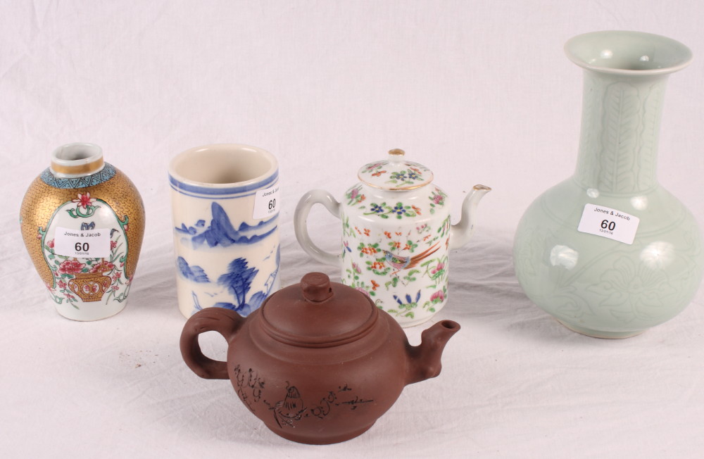 A Chinese Yixing teapot, a Celadon vase, a famille verte wine pot and other oriental ceramics - Image 2 of 5