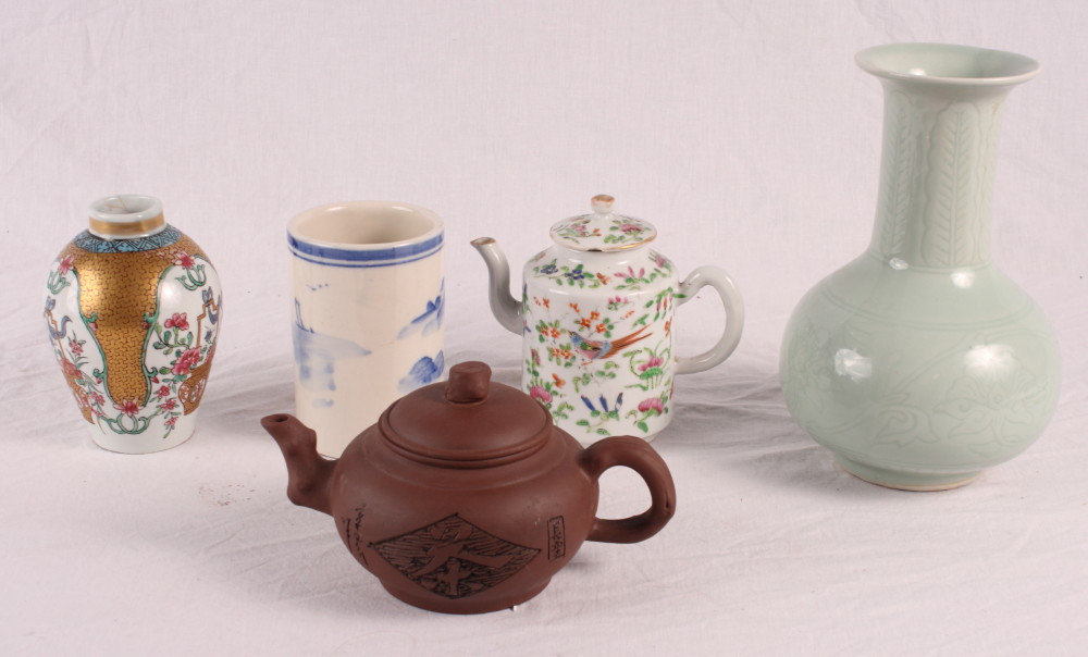 A Chinese Yixing teapot, a Celadon vase, a famille verte wine pot and other oriental ceramics - Image 4 of 5