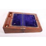 A 19th Century oak table writing box with brass string inlay, fitted interior with two glass