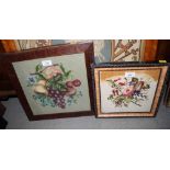 Two framed tapestry panels of fruit and flowers