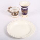 An early Spode creamware osier plate, 7" dia, a Derby gilt decorated spill vase (restored) and a