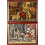 Y Maxwell Barker RAD: a pair of oil paintings, puppies on a step and three terriers, 10" x 14", in