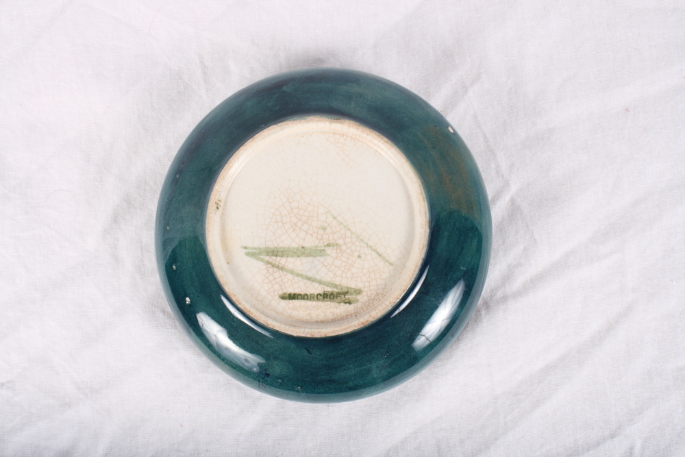 A Moorcroft "Claremont" pattern dish with inverted rim decorated toadstools on a green ground, - Image 2 of 2