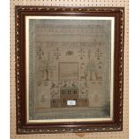 An early 19th Century sampler by Isaballa (sic) Ballantine worked building, central verse, trees,