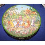 A Huntley & Palmers biscuit tin, lid decorated Kate Greenaway garden party scene with risque