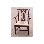 A Chippendale design mahogany carver chair with Gothic pierced central splat and drop-in floral