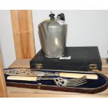 A cased pair of plated fish servers with pierced blades, a cased set of fish knives and forks and