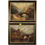 A pair of 19th Century oils on canvas, continental rocky ravine with figures and river scene with