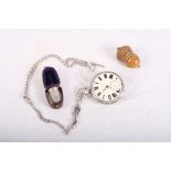 A gentleman's silver cased pocket watch (a/f), a silver Albert and two white metal thimbles, in