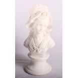 A white plaster bust of a young woman, 12 1/2" high