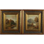 P Wilson: a pair of oils on panels, rural landscapes with figures and sheep, 10" x 8", in ornate