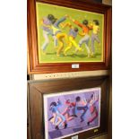 John Newberry: oil painting, "Pop Group", 9" x 12", and a companion oil painting, dancing figures,