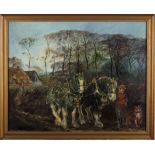 Y Maxwell Barker RAD: an oil painting, horses hauling timber, 18" x 24", and a smaller companion