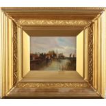 19th Century Dutch School: oil on board, river landscape with sailing barges and buildings on