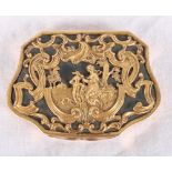 An 18th Century gilt metal and bloodstone snuff box lid with pierced scroll and figural decoration