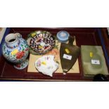 A brass iron stand, an Aynsley "Japan" pattern saucer dish, an oriental famille verte vase and other