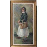 Pamela M Spencer: oil on canvas, woman with a shopping basket, 23 1/2" x 11 1/2", in painted frame