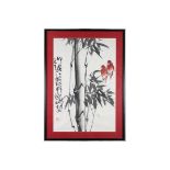 A modern Chinese watercolour study of two birds on a branch, 25" x 17", in strip frame, and an early