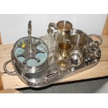 A plated gallery tray, a plated cruet stand, two plated goblets and other plated items