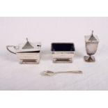 A silver three-piece square section pedestal cruet set with blue glass liners