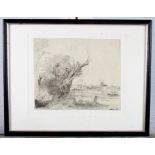 Rembrandt: a black and white print, landscape with figure on river bank, distant buildings and