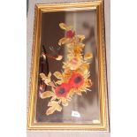 A rectangular bevelled plate gilt framed mirror painted flowers and bird, an oval portrait print