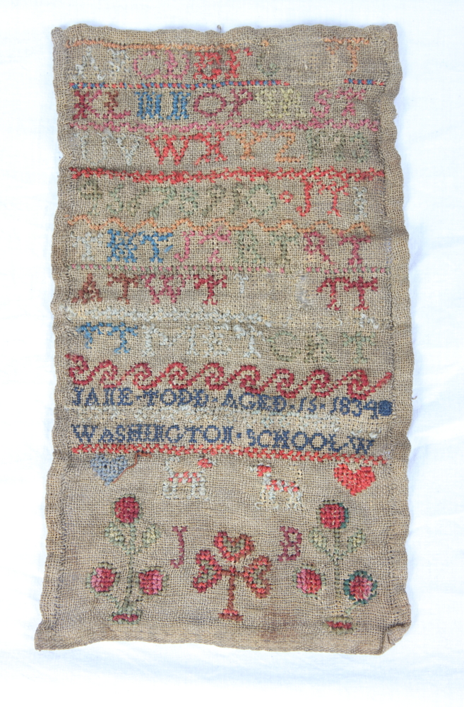 An unframed alphabet sampler by Jane Todd Washington School dated 1834, 11" x 6", and a similar - Image 2 of 3