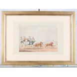 A 19th Century hand-coloured engraving of a coach and horses, 5" x 7", in gilt frame