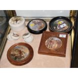 A framed pot lid, "Embarking for the East", three other framed pot lids and three modern paste jars