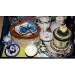 An oval two-tone brown stoneware game casserole bowl, a Copeland two-handled sugar bowl and cover