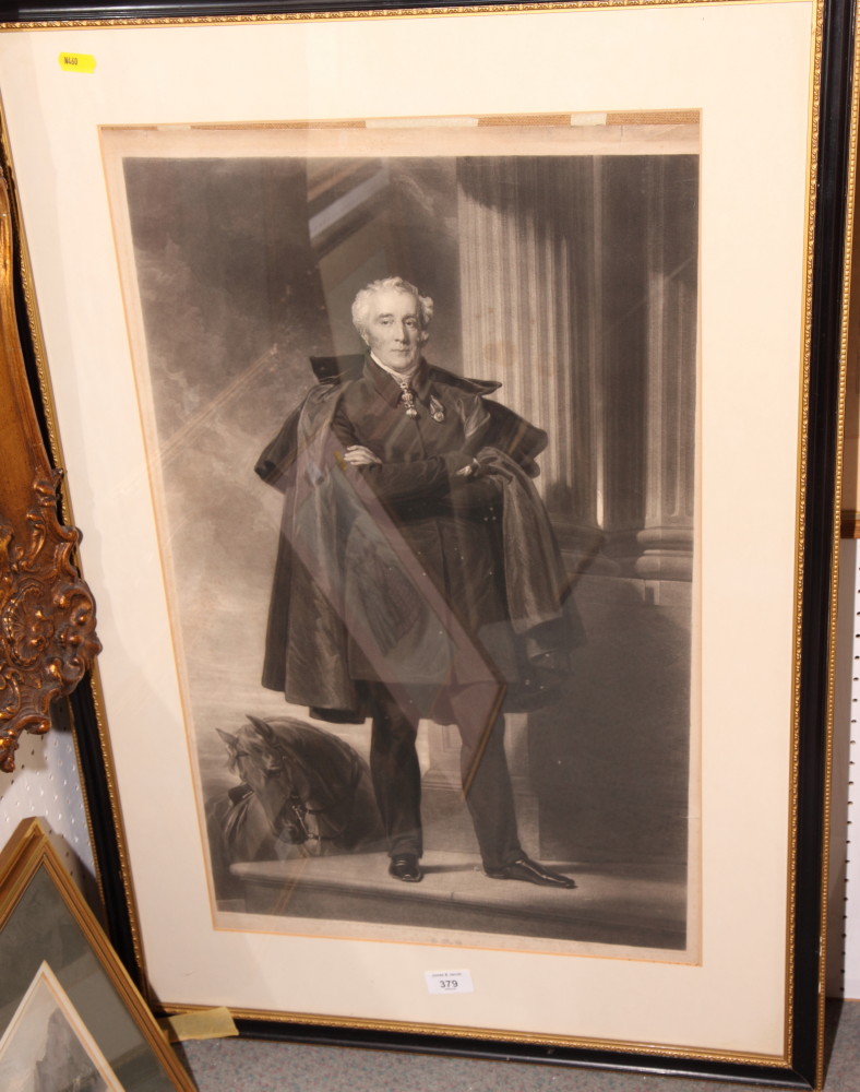 A 19th Century engraving, the Duke of Wellington, 15" x 25", in Hogarth frame, and an engraving,