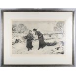 Fred Slocombe: etching, two ladies on a track collecting firewood, 14" x 21", in silvered frame, and